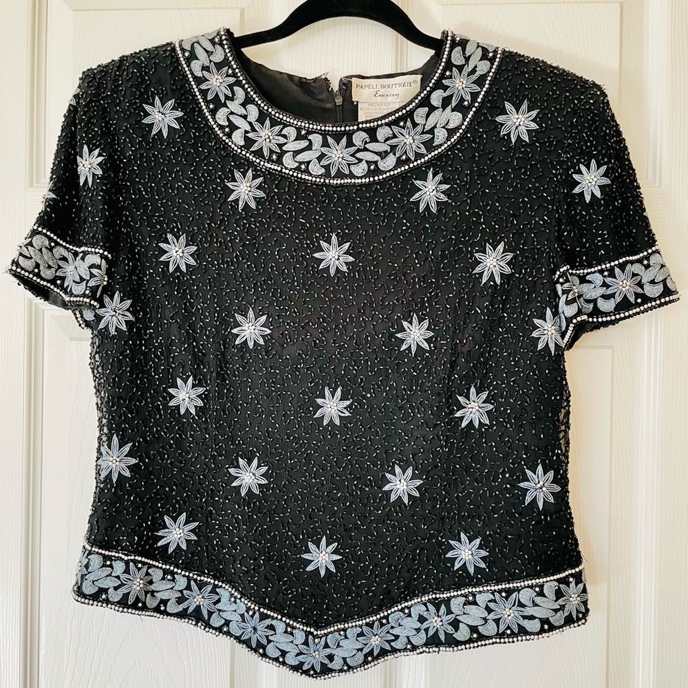 EUC 🖤 Papell Boutique | Vintage | Black Silk Top | Bead & Embroidery | Y2K